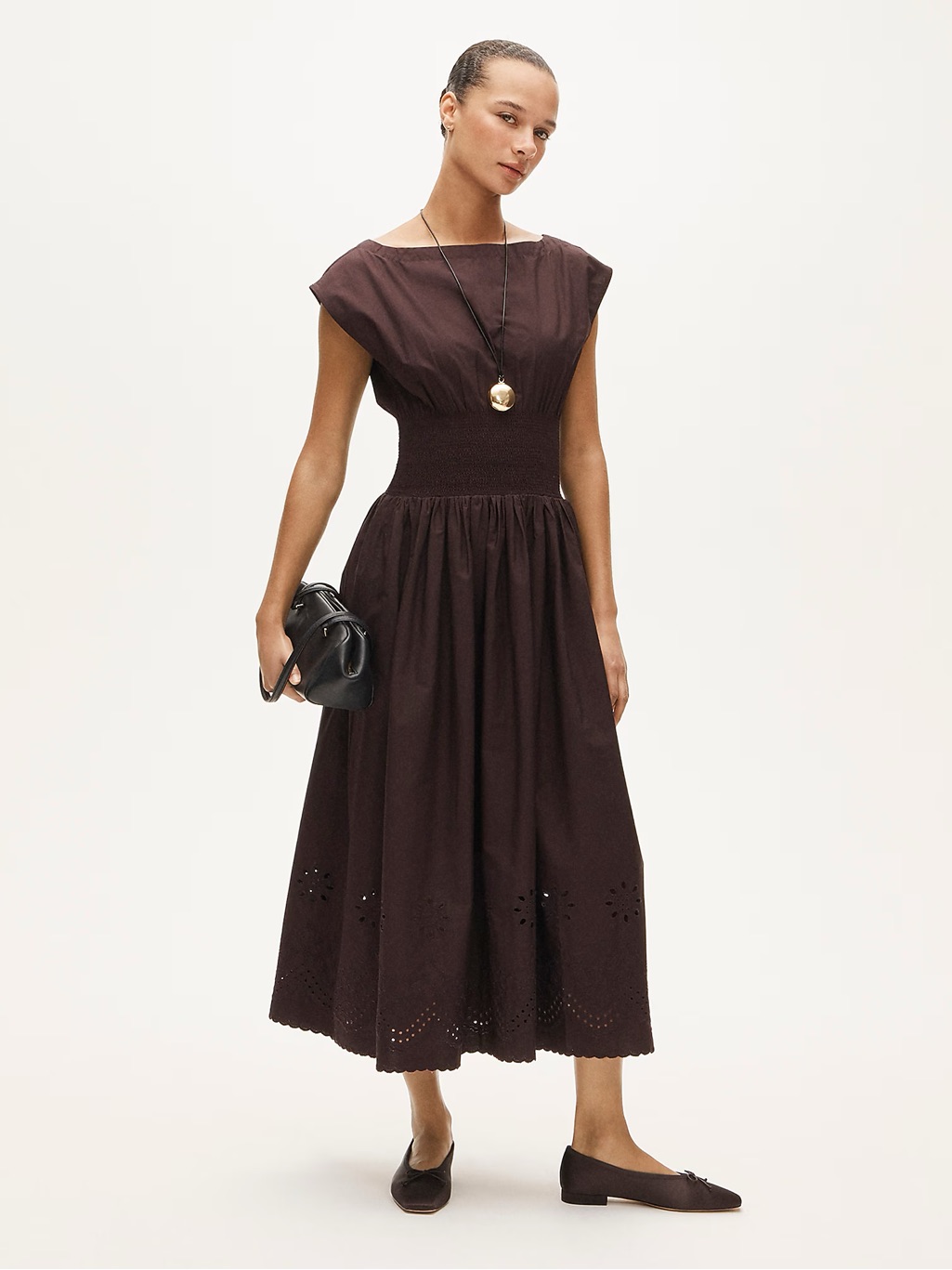Smocked Eyelet-Hem Dress In Cotton Poplin